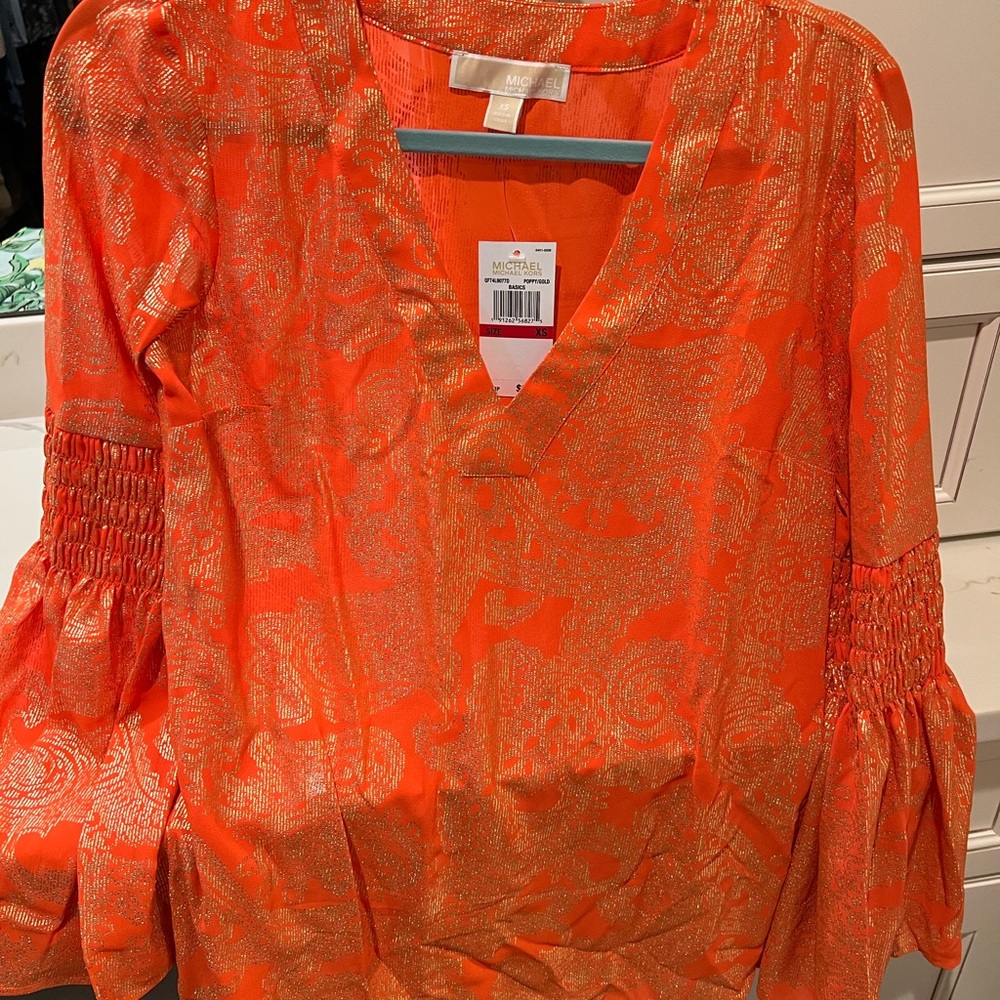 Michael Kors Orange Bell Sleeve Blouse with Smocked Ruffles